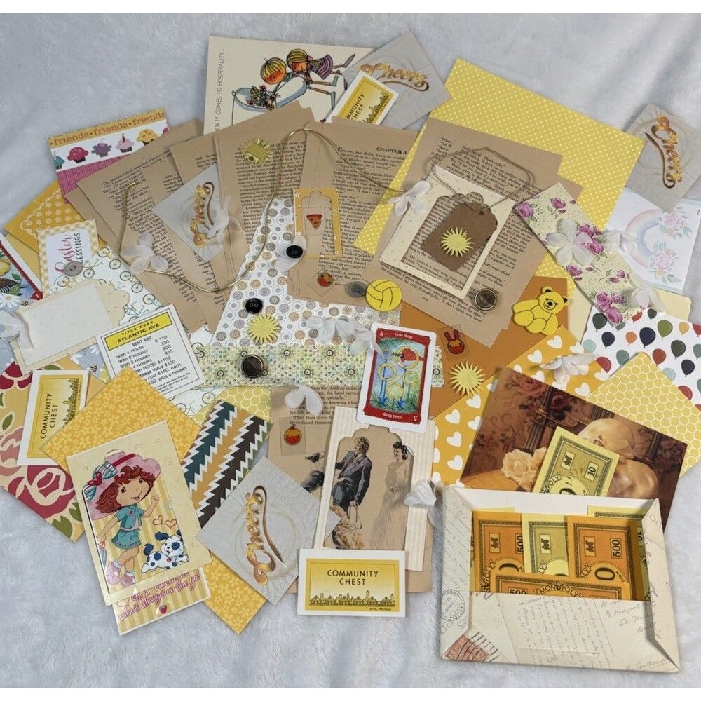 Junk Journal Scrapbook Kit 60+ Item Lot Yellow Theme Ephemera Mixed Media